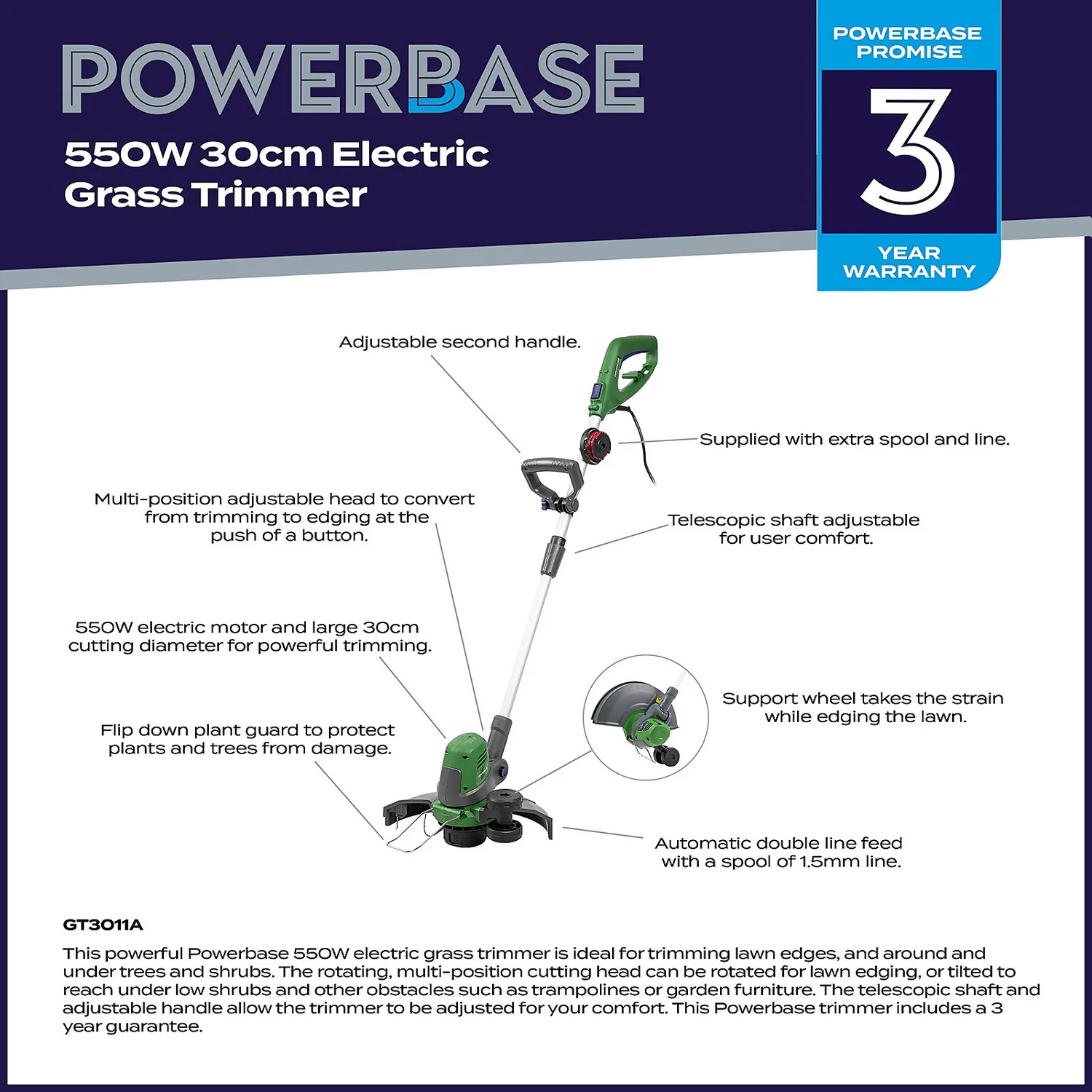 Powerbase 550W Electric Grass Trimmer - 30cm Powerbase 550W Electric Grass Trimmer - 30cm -Deals Furniture Store 12885507 1845058716688333