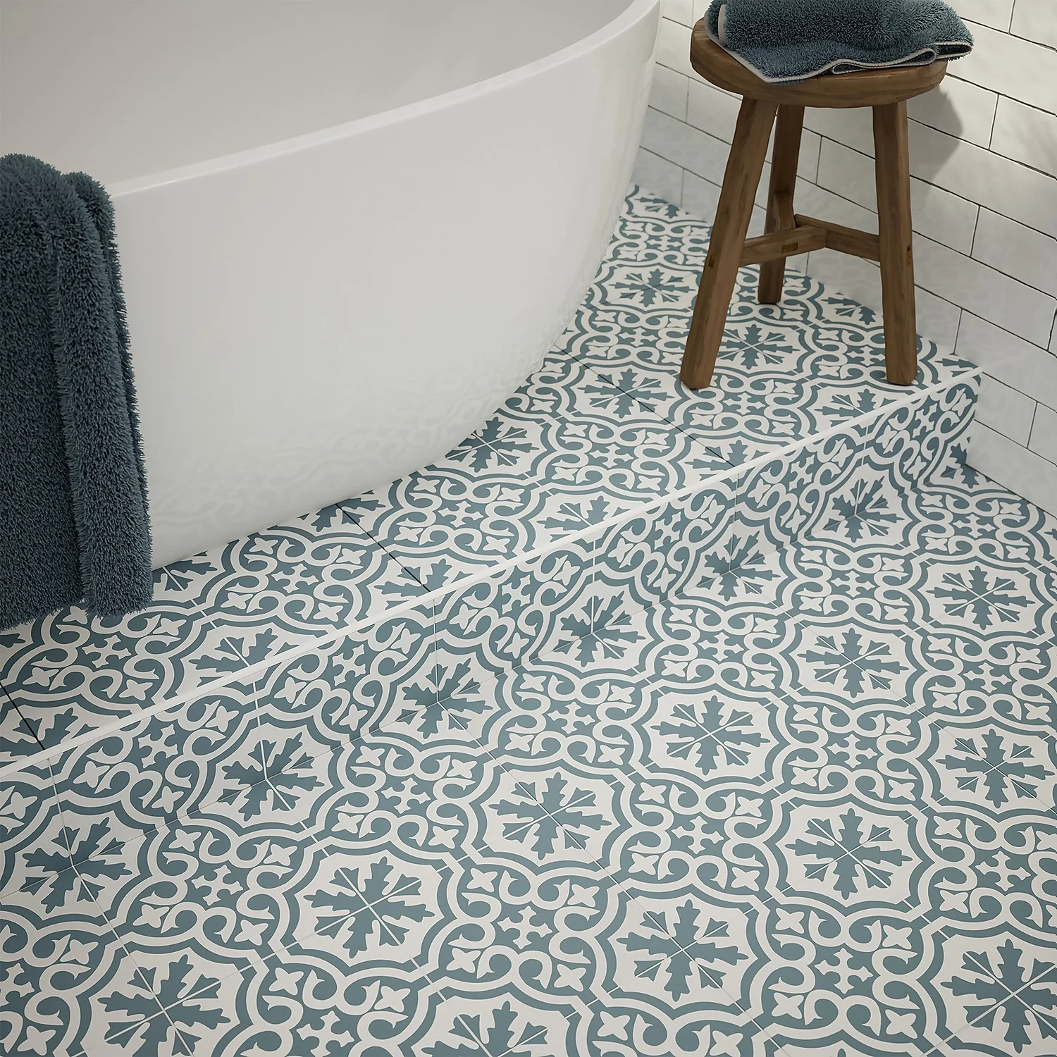 Fiore Teal / White Victorian Pre-scored Porcelain Wall & Floor Tile 450 x 450mm - 1.42sqm Pack Fiore Teal / White Victorian Pre-scored Porcelain Wall & Floor Tile 450 X 450mm - 1.42sqm Pack -Deals Furniture Store 13220597 1544909608294003