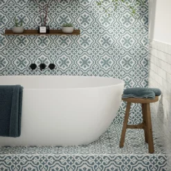 Fiore Teal / White Victorian Pre-scored Porcelain Wall & Floor Tile 450 X 450mm - 1.42sqm Pack 5 Fiore Teal / White Victorian Pre-scored Porcelain Wall & Floor Tile 450 X 450mm - 1.42sqm Pack -Deals Furniture Store 13220597 7264909608388476